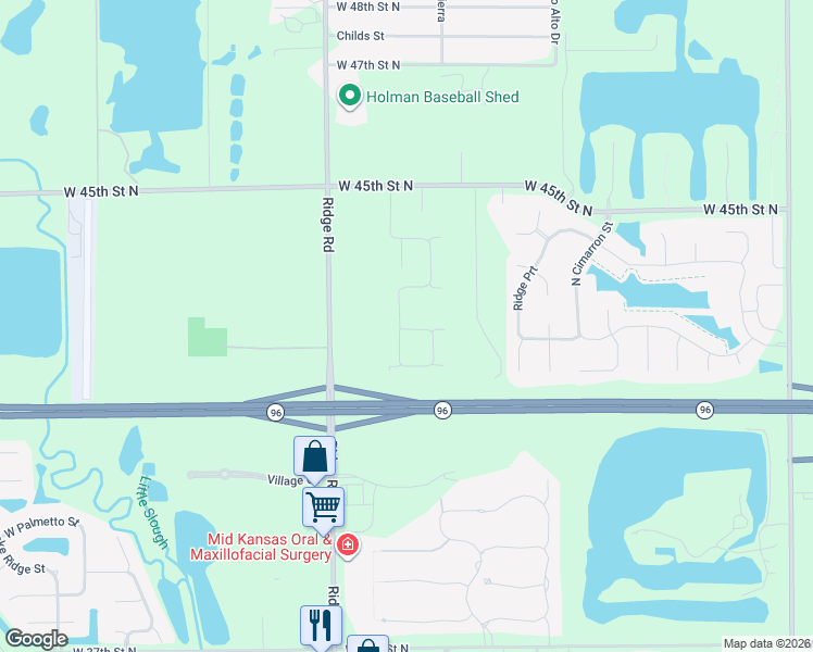 map of restaurants, bars, coffee shops, grocery stores, and more near 4330 North Ridge Road in Wichita