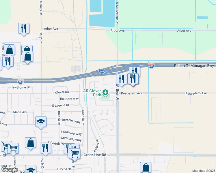 map of restaurants, bars, coffee shops, grocery stores, and more near 3149 North MacArthur Drive in Tracy