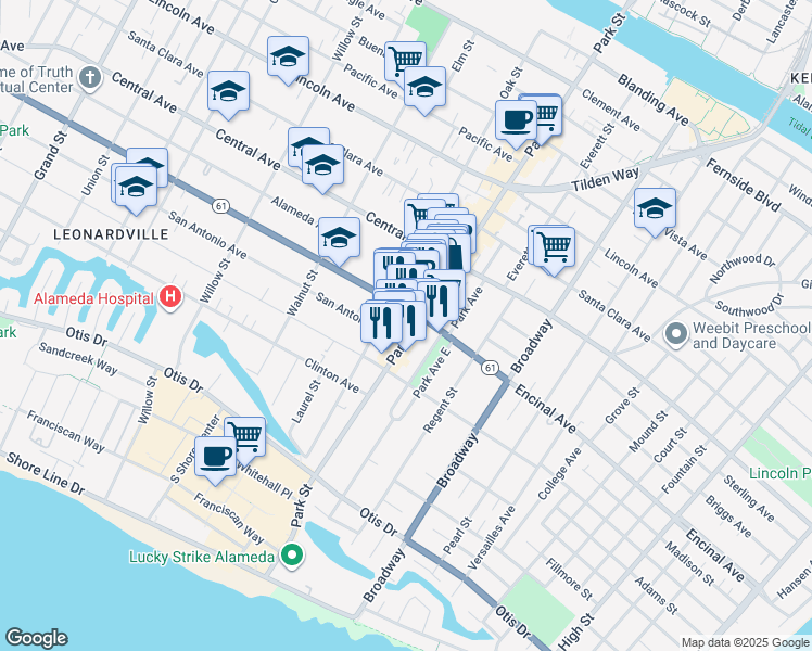 map of restaurants, bars, coffee shops, grocery stores, and more near 1251 Park Street in Alameda