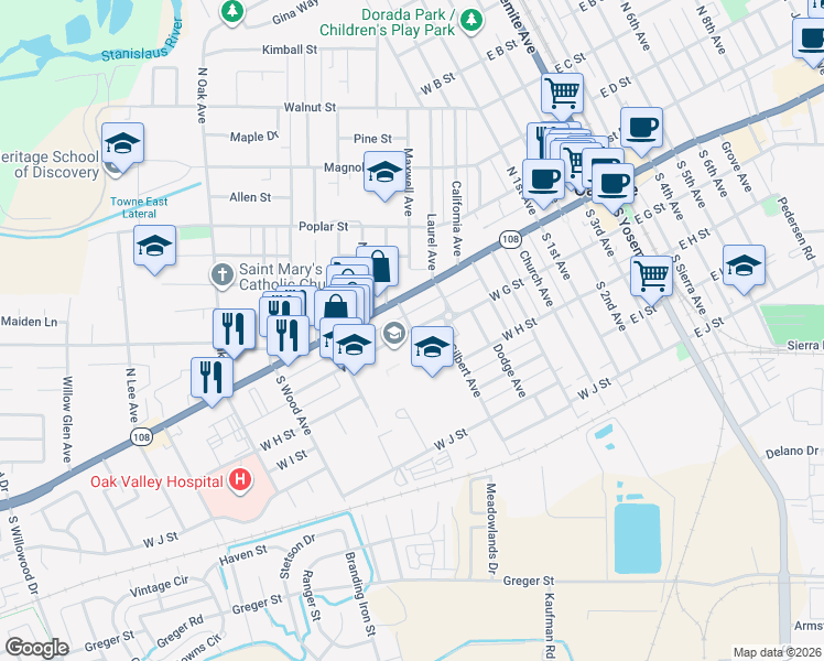 map of restaurants, bars, coffee shops, grocery stores, and more near West G Street & Mann Avenue in Oakdale