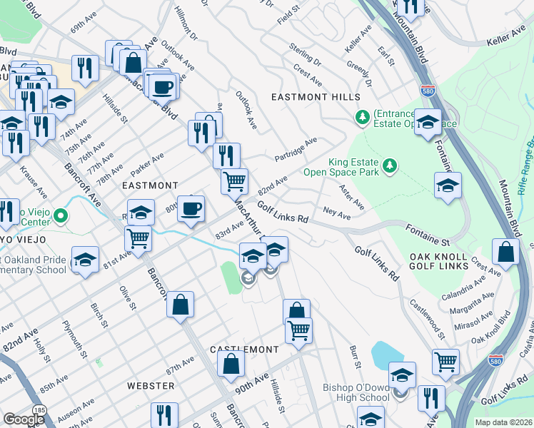 map of restaurants, bars, coffee shops, grocery stores, and more near 8300 Golf Links Road in Oakland