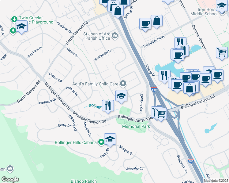 map of restaurants, bars, coffee shops, grocery stores, and more near 23 Palamos Court in San Ramon