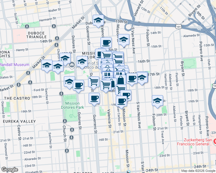 map of restaurants, bars, coffee shops, grocery stores, and more near 663 Valencia Street in San Francisco
