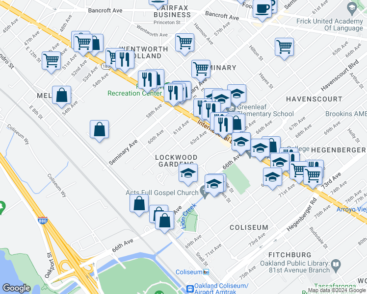 map of restaurants, bars, coffee shops, grocery stores, and more near 6226 Eastlawn Street in Oakland