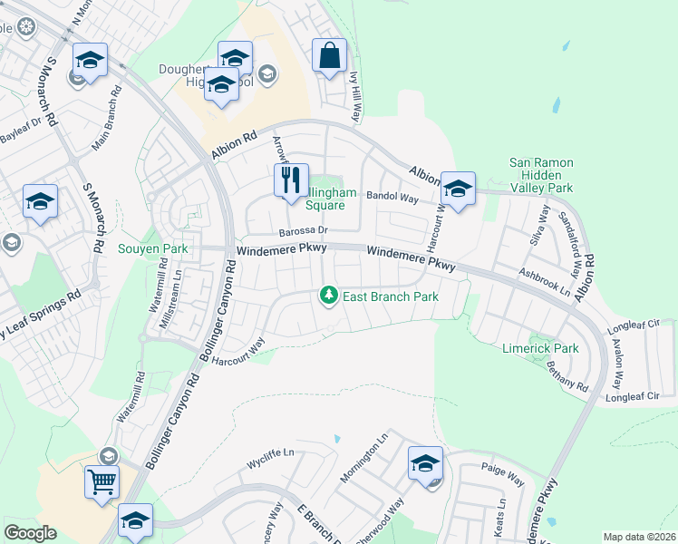map of restaurants, bars, coffee shops, grocery stores, and more near 3333 Rutherglen Dr in San Ramon
