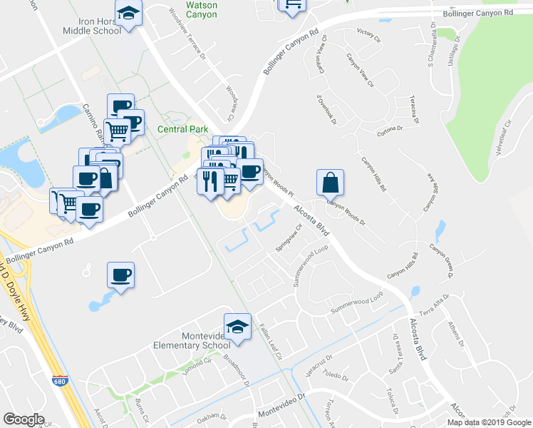 map of restaurants, bars, coffee shops, grocery stores, and more near 120 Reflections Drive in San Ramon