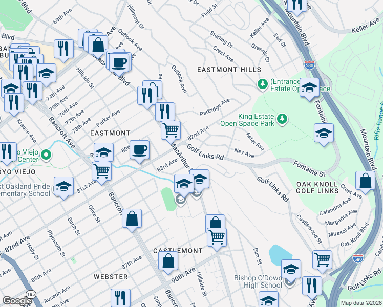 map of restaurants, bars, coffee shops, grocery stores, and more near 8300 Golf Links Road in Oakland