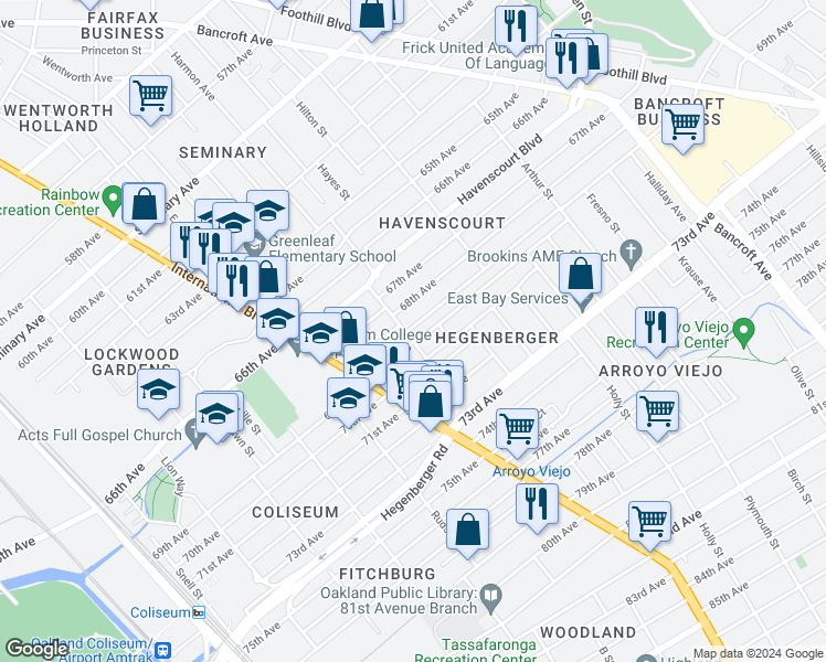 map of restaurants, bars, coffee shops, grocery stores, and more near 1615 Church Street in Oakland