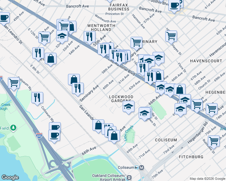 map of restaurants, bars, coffee shops, grocery stores, and more near 1256 61st Avenue in Oakland