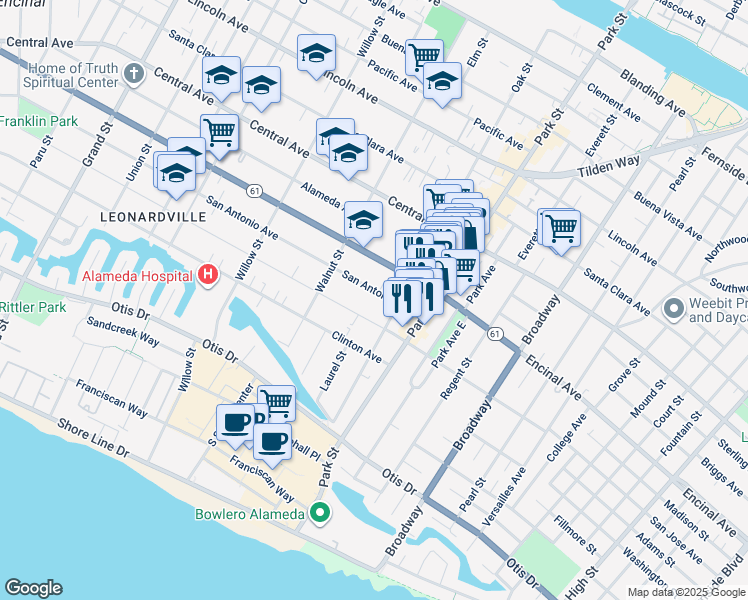 map of restaurants, bars, coffee shops, grocery stores, and more near 2250 San Antonio Avenue in Alameda