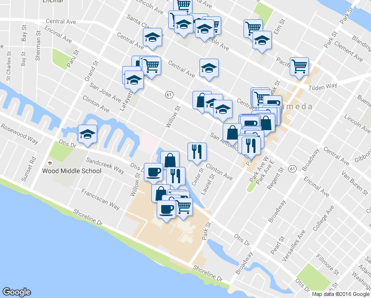map of restaurants, bars, coffee shops, grocery stores, and more near 2164 San Jose Avenue in Alameda