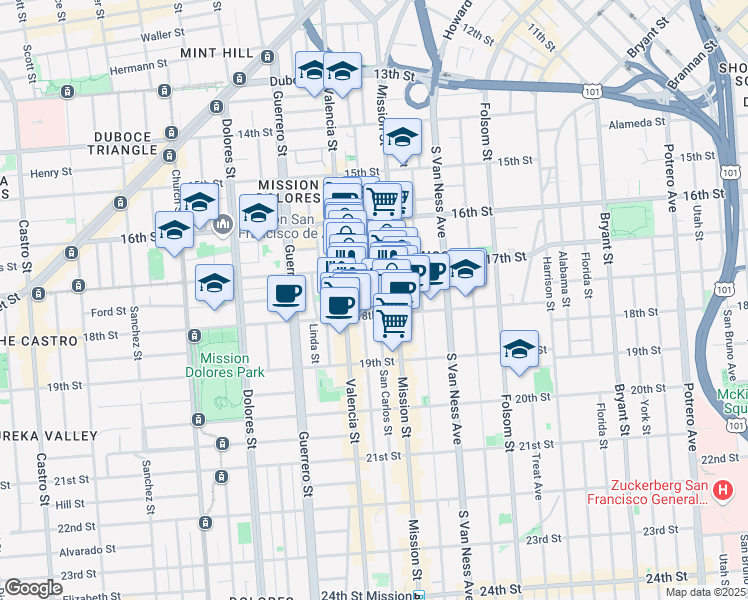 map of restaurants, bars, coffee shops, grocery stores, and more near 661 Valencia Street in San Francisco