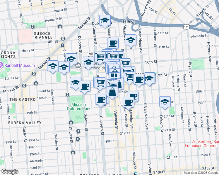 map of restaurants, bars, coffee shops, grocery stores, and more near 16 Bird Street in San Francisco