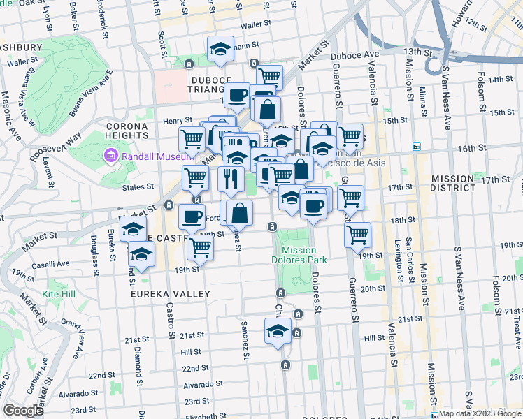 map of restaurants, bars, coffee shops, grocery stores, and more near 3675a 17th Street in San Francisco