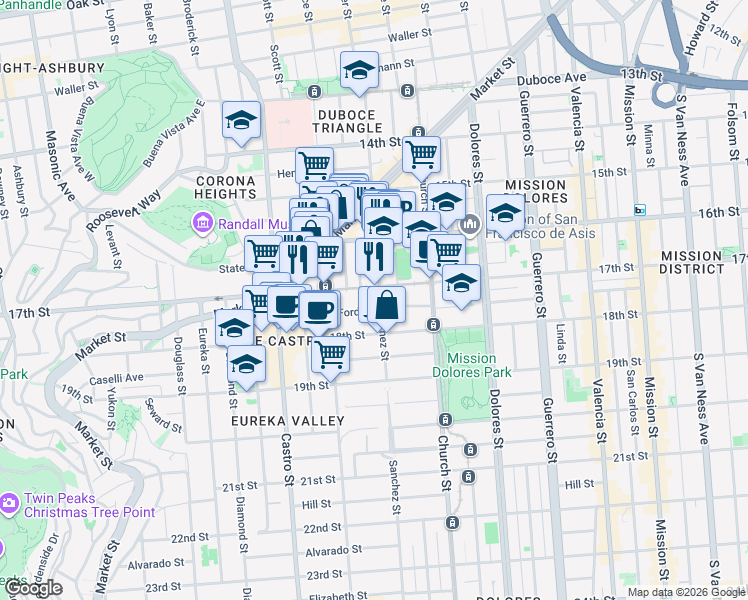 map of restaurants, bars, coffee shops, grocery stores, and more near 3835a 17th Street in San Francisco