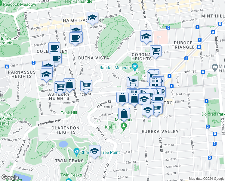 map of restaurants, bars, coffee shops, grocery stores, and more near 53 Saturn Street in San Francisco