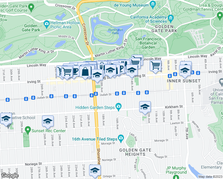 map of restaurants, bars, coffee shops, grocery stores, and more near 1363 17th Avenue in San Francisco