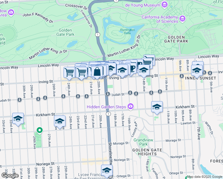 map of restaurants, bars, coffee shops, grocery stores, and more near 1363 18th Avenue in San Francisco