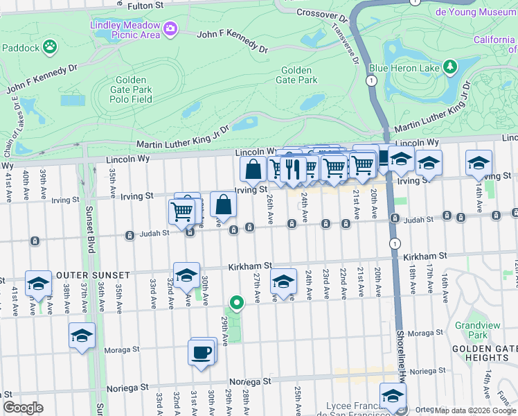 map of restaurants, bars, coffee shops, grocery stores, and more near 1334 27th Avenue in San Francisco