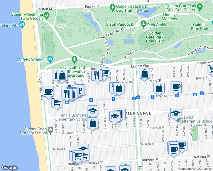 map of restaurants, bars, coffee shops, grocery stores, and more near 3947 Irving Street in San Francisco