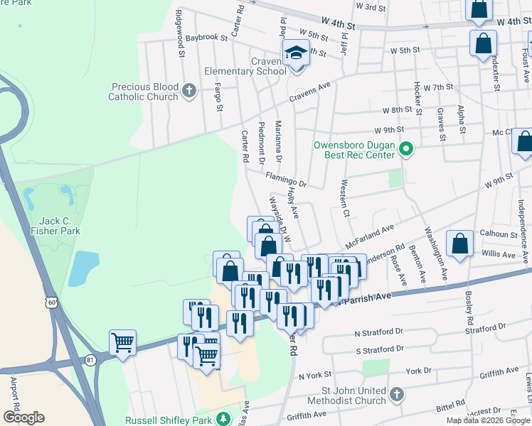 map of restaurants, bars, coffee shops, grocery stores, and more near 1160 Wayside Drive West in Owensboro