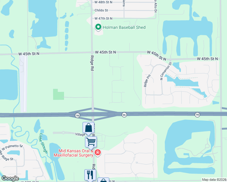 map of restaurants, bars, coffee shops, grocery stores, and more near 4330 North Ridge Road in Wichita