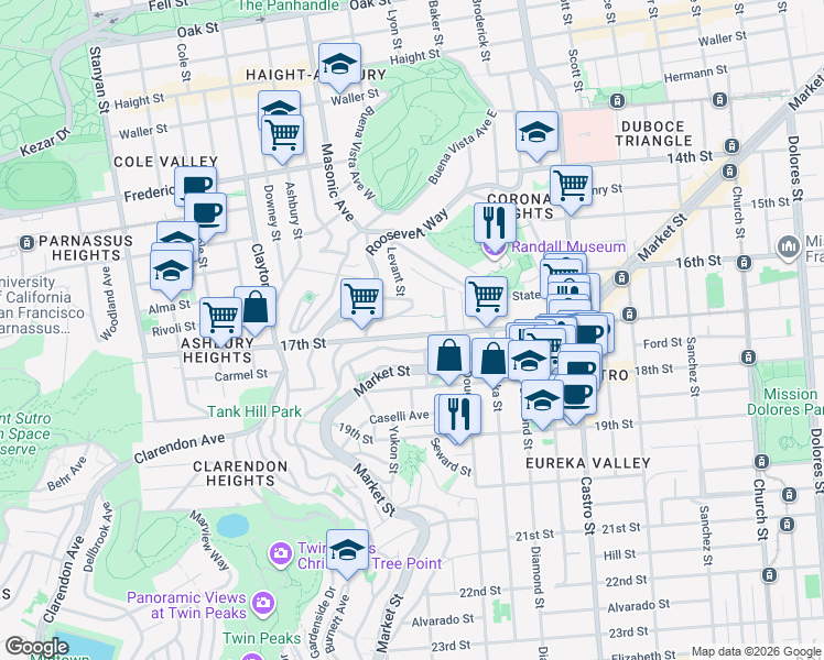 map of restaurants, bars, coffee shops, grocery stores, and more near 4344 17th Street in San Francisco