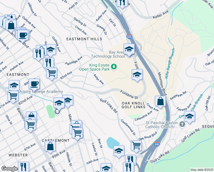 map of restaurants, bars, coffee shops, grocery stores, and more near 8505 Ney Avenue in Oakland