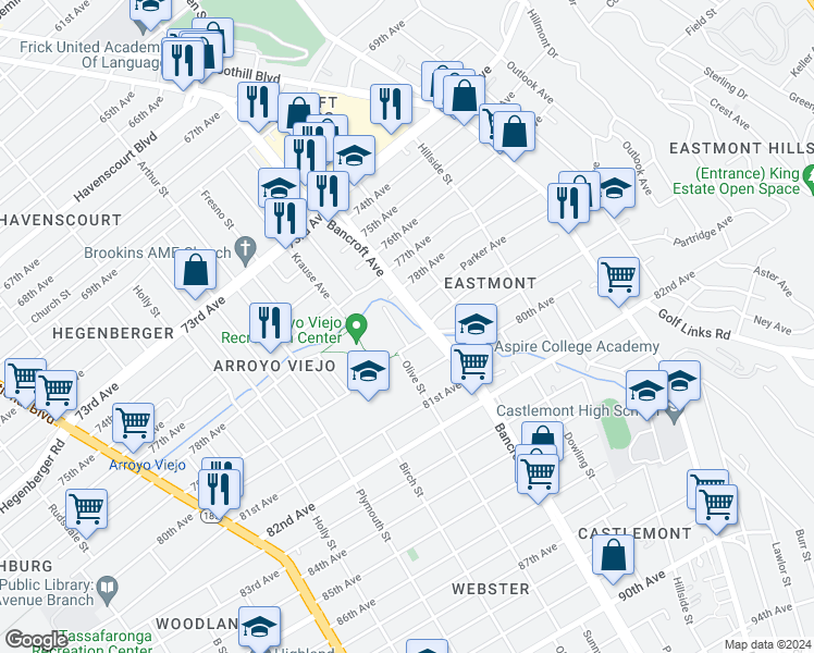 map of restaurants, bars, coffee shops, grocery stores, and more near 7856 Olive Street in Oakland