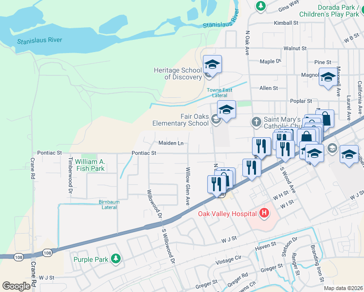 map of restaurants, bars, coffee shops, grocery stores, and more near 1835 Maiden Lane in Oakdale
