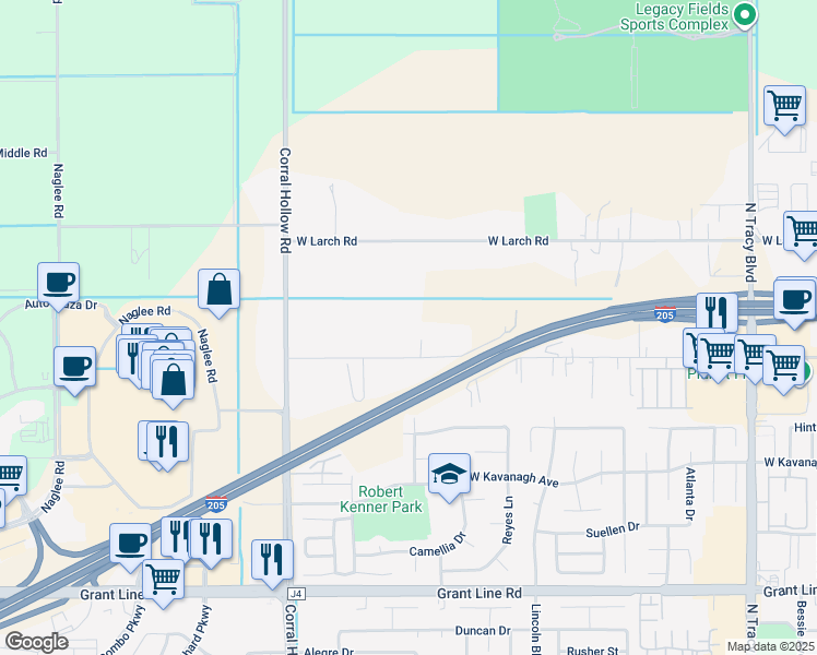 map of restaurants, bars, coffee shops, grocery stores, and more near 11601 West Clover Road in Tracy