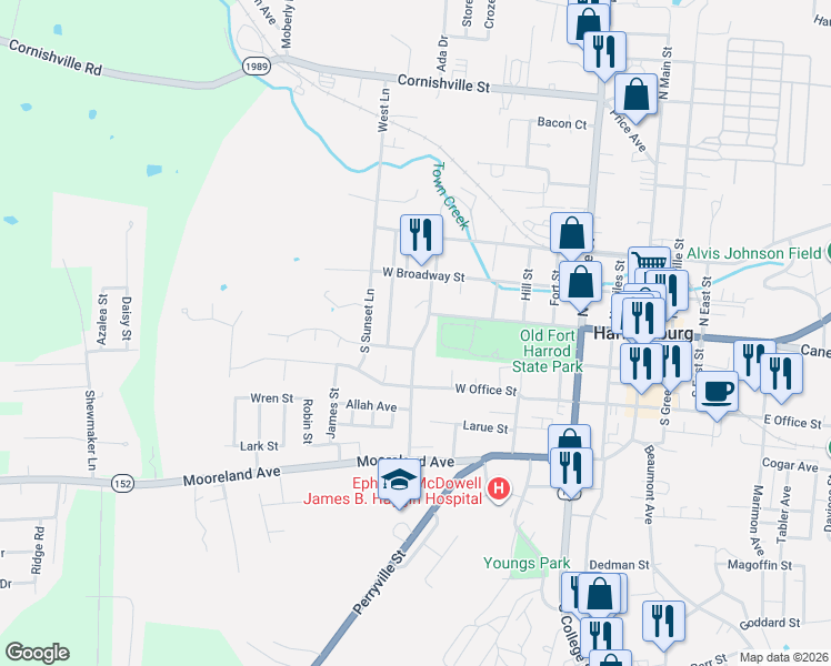 map of restaurants, bars, coffee shops, grocery stores, and more near 122 North Magnolia Street in Harrodsburg