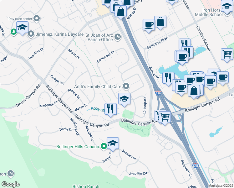 map of restaurants, bars, coffee shops, grocery stores, and more near 23 Palamos Court in San Ramon