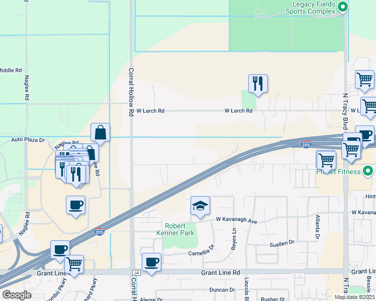 map of restaurants, bars, coffee shops, grocery stores, and more near 11601 West Clover Road in Tracy