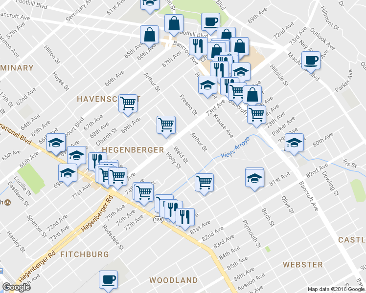 map of restaurants, bars, coffee shops, grocery stores, and more near 7341 Lockwood Street in Oakland