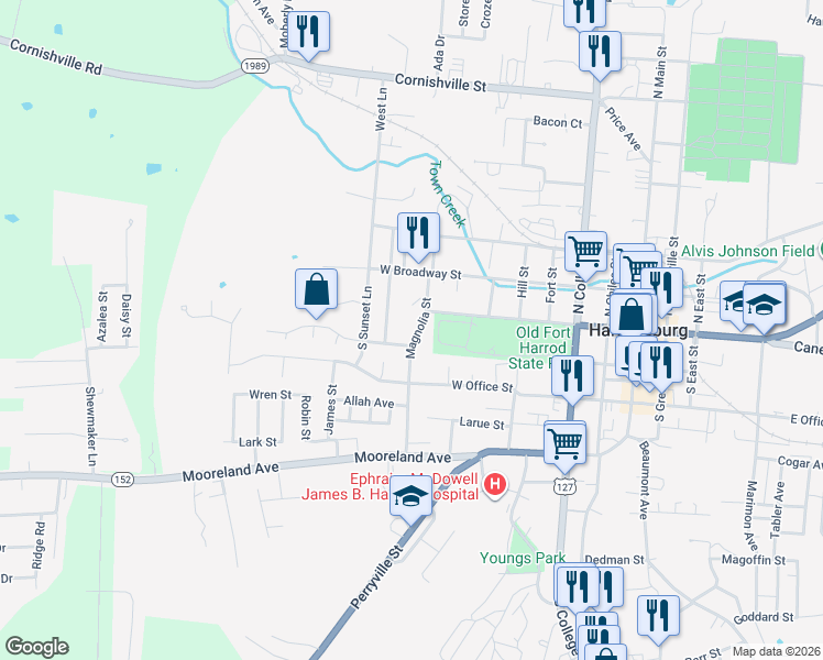 map of restaurants, bars, coffee shops, grocery stores, and more near 122 North Magnolia Street in Harrodsburg
