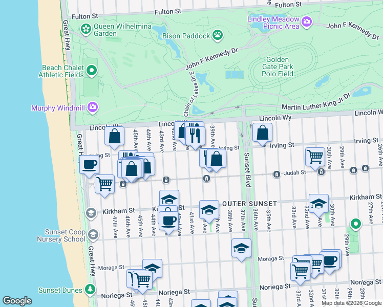 map of restaurants, bars, coffee shops, grocery stores, and more near 3947 Irving Street in San Francisco