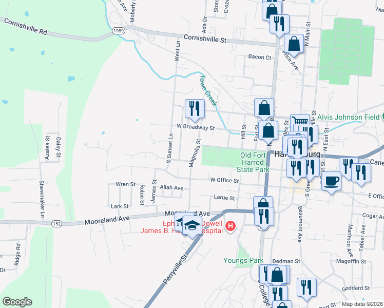 map of restaurants, bars, coffee shops, grocery stores, and more near 122 North Magnolia Street in Harrodsburg