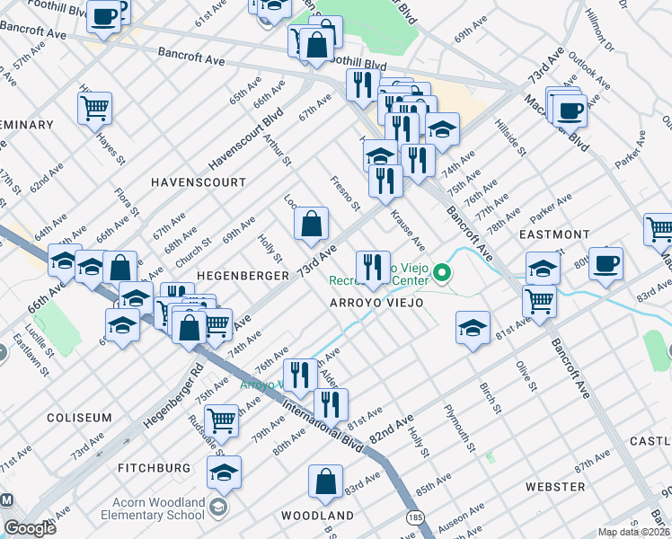 map of restaurants, bars, coffee shops, grocery stores, and more near 7341 Lockwood Street in Oakland