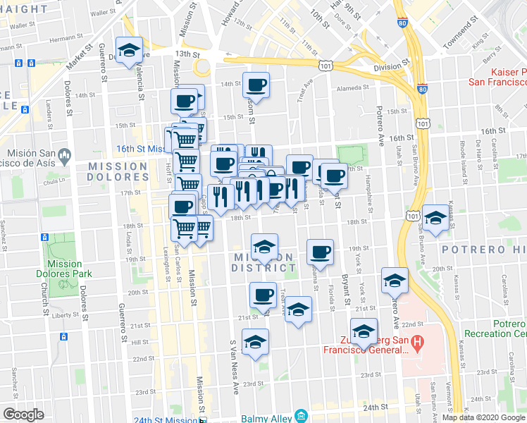 map of restaurants, bars, coffee shops, grocery stores, and more near 2169 Folsom Street in San Francisco