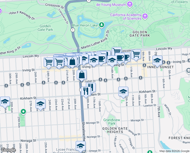map of restaurants, bars, coffee shops, grocery stores, and more near 1357 17th Avenue in San Francisco