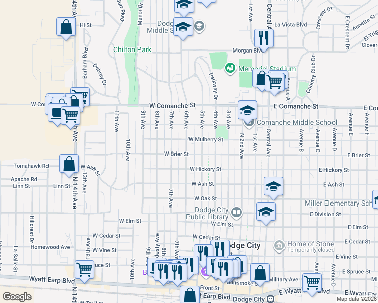 map of restaurants, bars, coffee shops, grocery stores, and more near 1500 6th Avenue in Dodge City