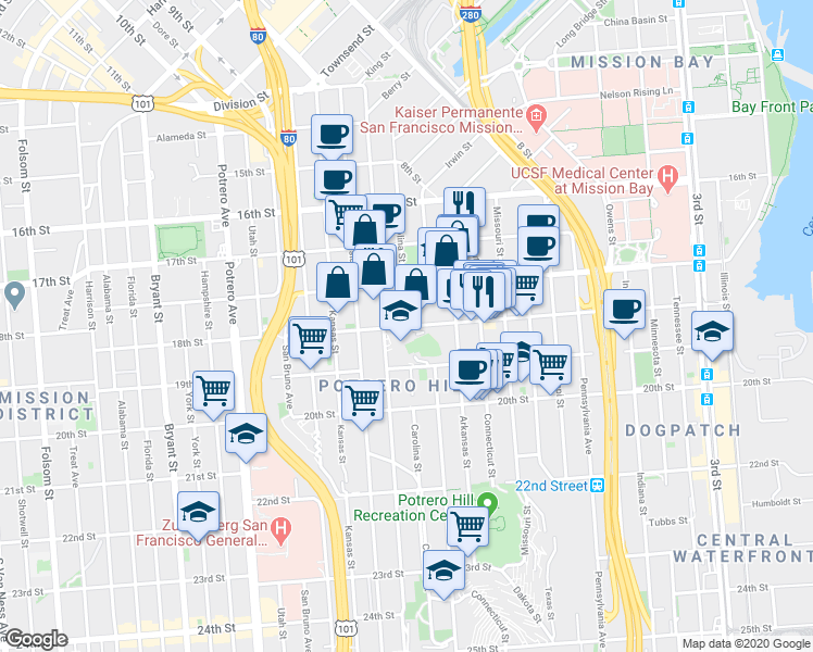 map of restaurants, bars, coffee shops, grocery stores, and more near 18th St & Carolina St in San Francisco