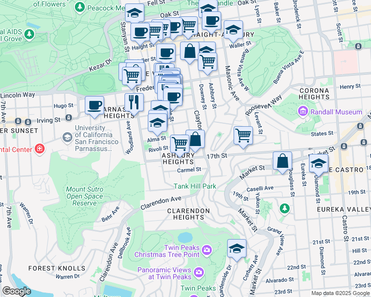 map of restaurants, bars, coffee shops, grocery stores, and more near 557 Belvedere Street in San Francisco