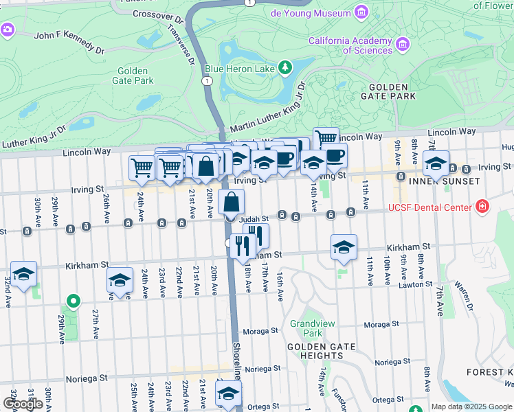 map of restaurants, bars, coffee shops, grocery stores, and more near 1363 17th Avenue in San Francisco