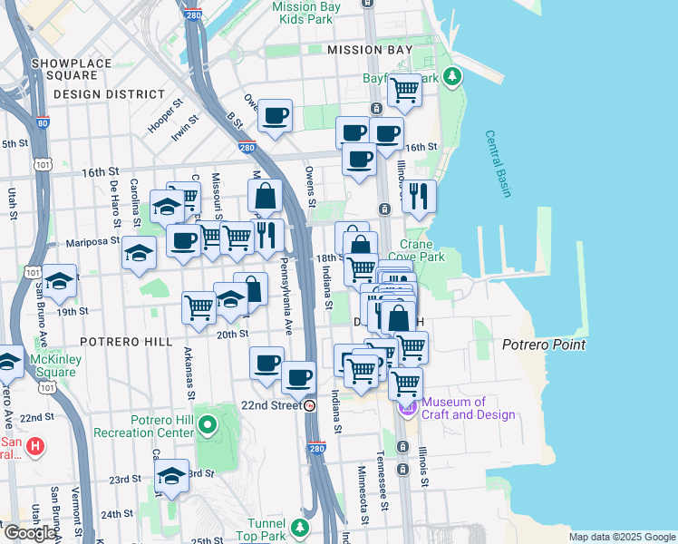 map of restaurants, bars, coffee shops, grocery stores, and more near 602 Minnesota Street in San Francisco
