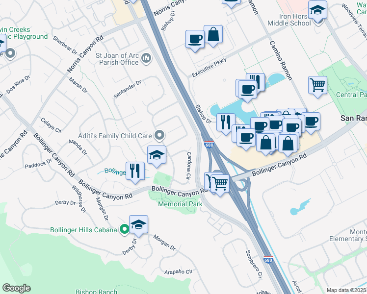 map of restaurants, bars, coffee shops, grocery stores, and more near 316 Cardona Circle in San Ramon