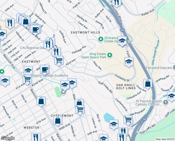 map of restaurants, bars, coffee shops, grocery stores, and more near 8415 Ney Avenue in Oakland