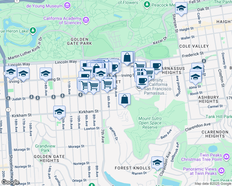 map of restaurants, bars, coffee shops, grocery stores, and more near 2 Judah Street in San Francisco