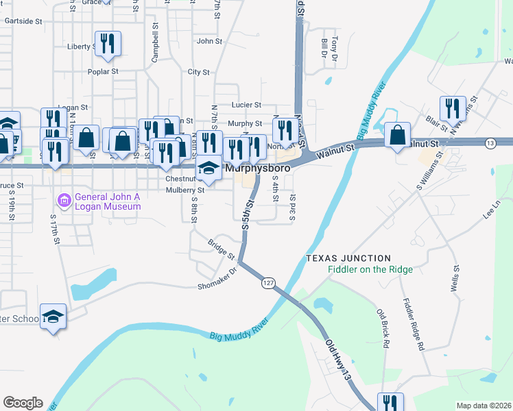 map of restaurants, bars, coffee shops, grocery stores, and more near Plum Street in Murphysboro